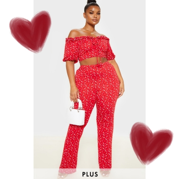 PrettyLittleThing Pants - PrettyLittleThing | Red Ditsy Floral Print Ruched Crop Top & Flared Trouser